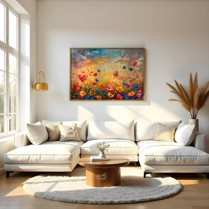 This vibrant digital painting captures a dynamic field of wildflowers against a dramatic sunset sky… for living room