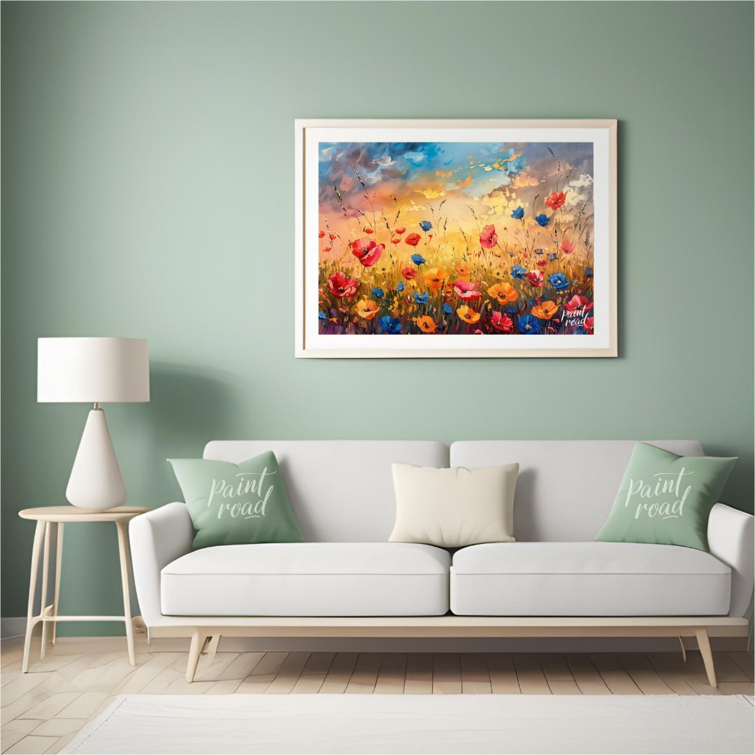 This vibrant digital painting captures a dynamic field of wildflowers against a dramatic sunset sky… for living room