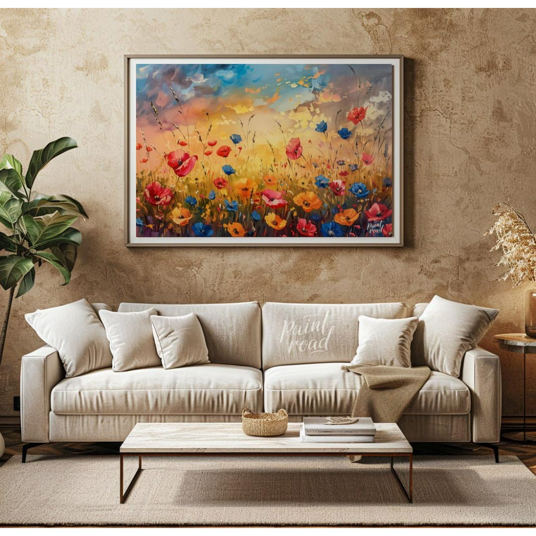 This vibrant digital painting captures a dynamic field of wildflowers against a dramatic sunset sky… for living room