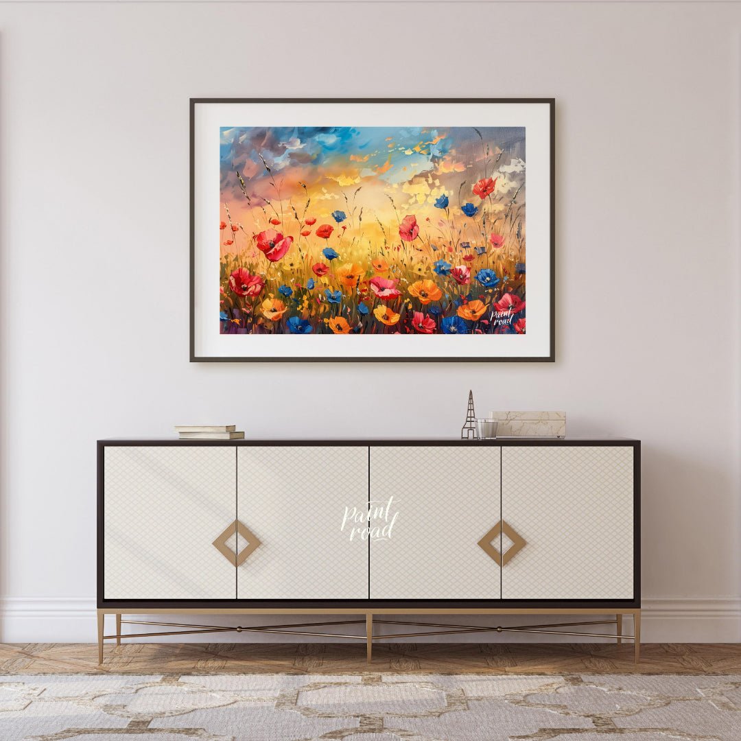 This vibrant digital painting captures a dynamic field of wildflowers against a dramatic sunset sky… for living room