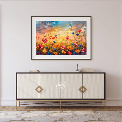 This vibrant digital painting captures a dynamic field of wildflowers against a dramatic sunset sky… for living room