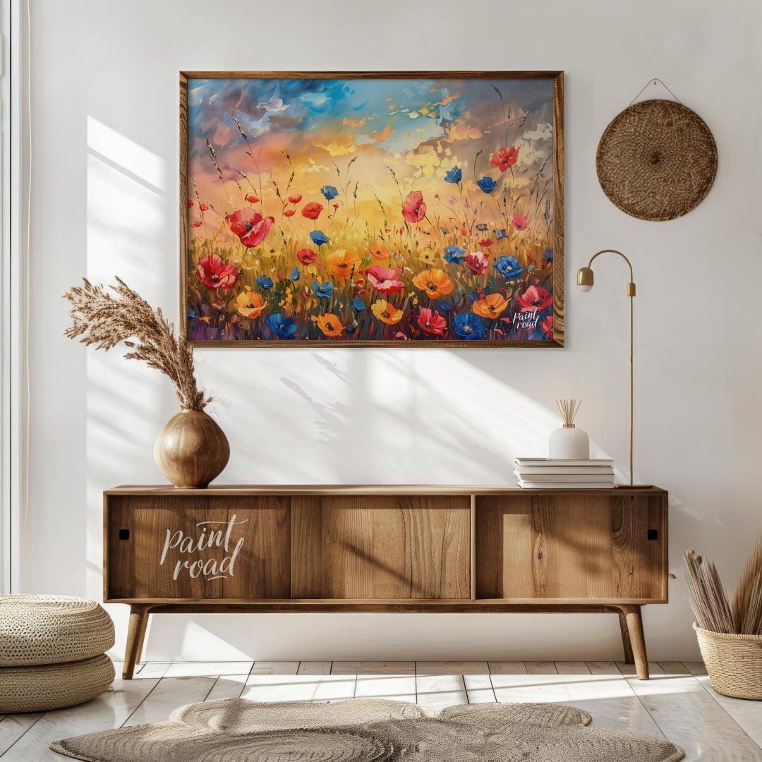 This vibrant digital painting captures a dynamic field of wildflowers against a dramatic sunset sky… for living room