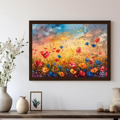 This vibrant digital painting captures a dynamic field of wildflowers against a dramatic sunset sky… for living room