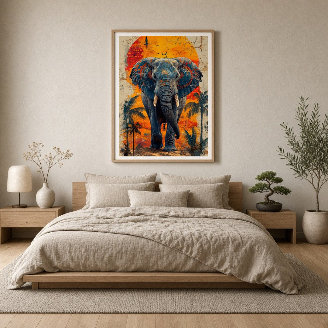 Immerse yourself in the captivating beauty of this artwork, where a majestic elephant stands for Bedroom