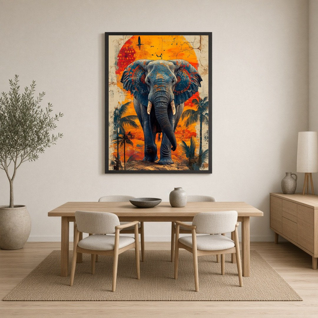 Immerse yourself in the captivating beauty of this artwork, where a majestic elephant stands for Dining