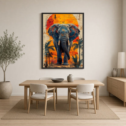 Immerse yourself in the captivating beauty of this artwork, where a majestic elephant stands for Dining