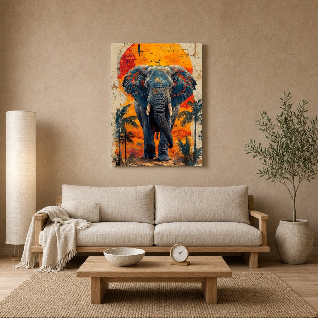 Immerse yourself in the captivating beauty of this artwork, where a majestic elephant stands for Living Room