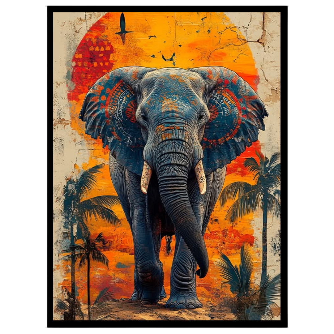 Immerse yourself in the captivating beauty of this artwork, where a majestic elephant stands for living-space