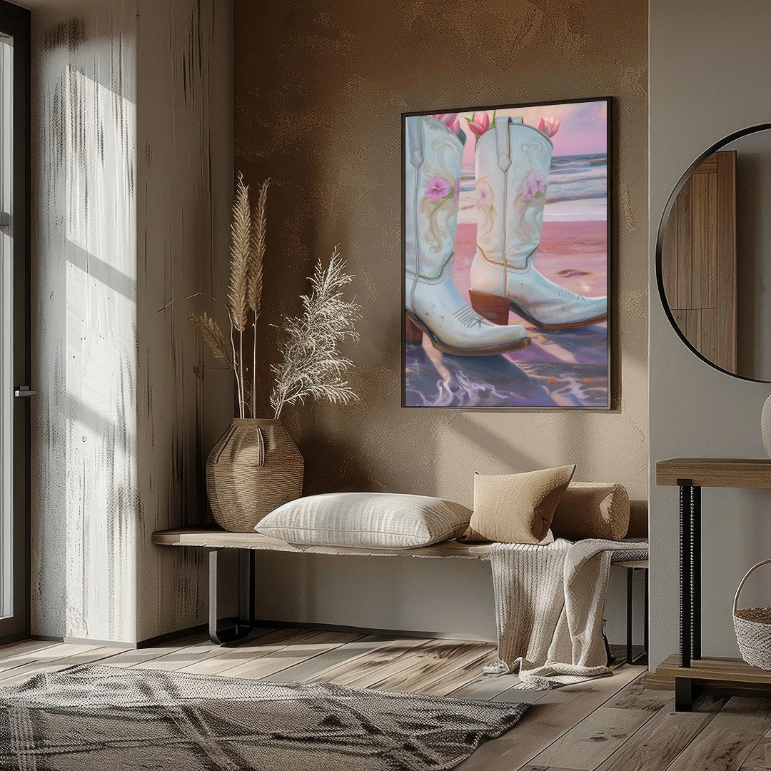 This whimsical artwork captures white cowboy boots filled with delicate pink flowers set against a for abode
