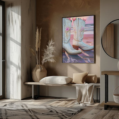 This whimsical artwork captures white cowboy boots filled with delicate pink flowers set against a for abode