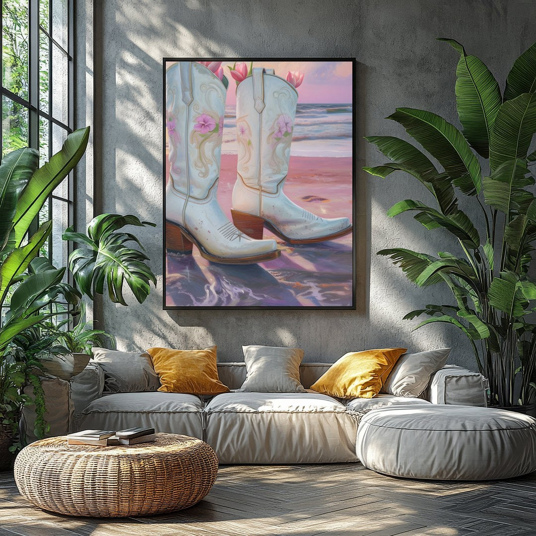 This whimsical artwork captures white cowboy boots filled with delicate pink flowers set against a for Balcony