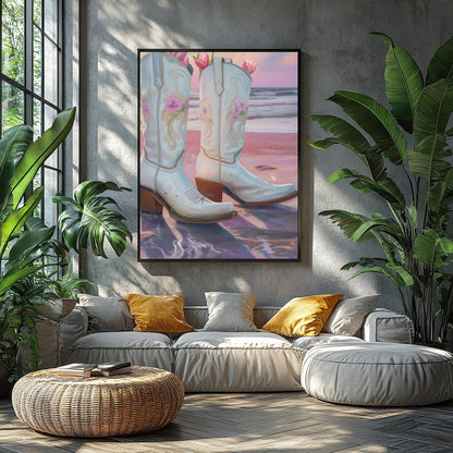 This whimsical artwork captures white cowboy boots filled with delicate pink flowers set against a for Balcony