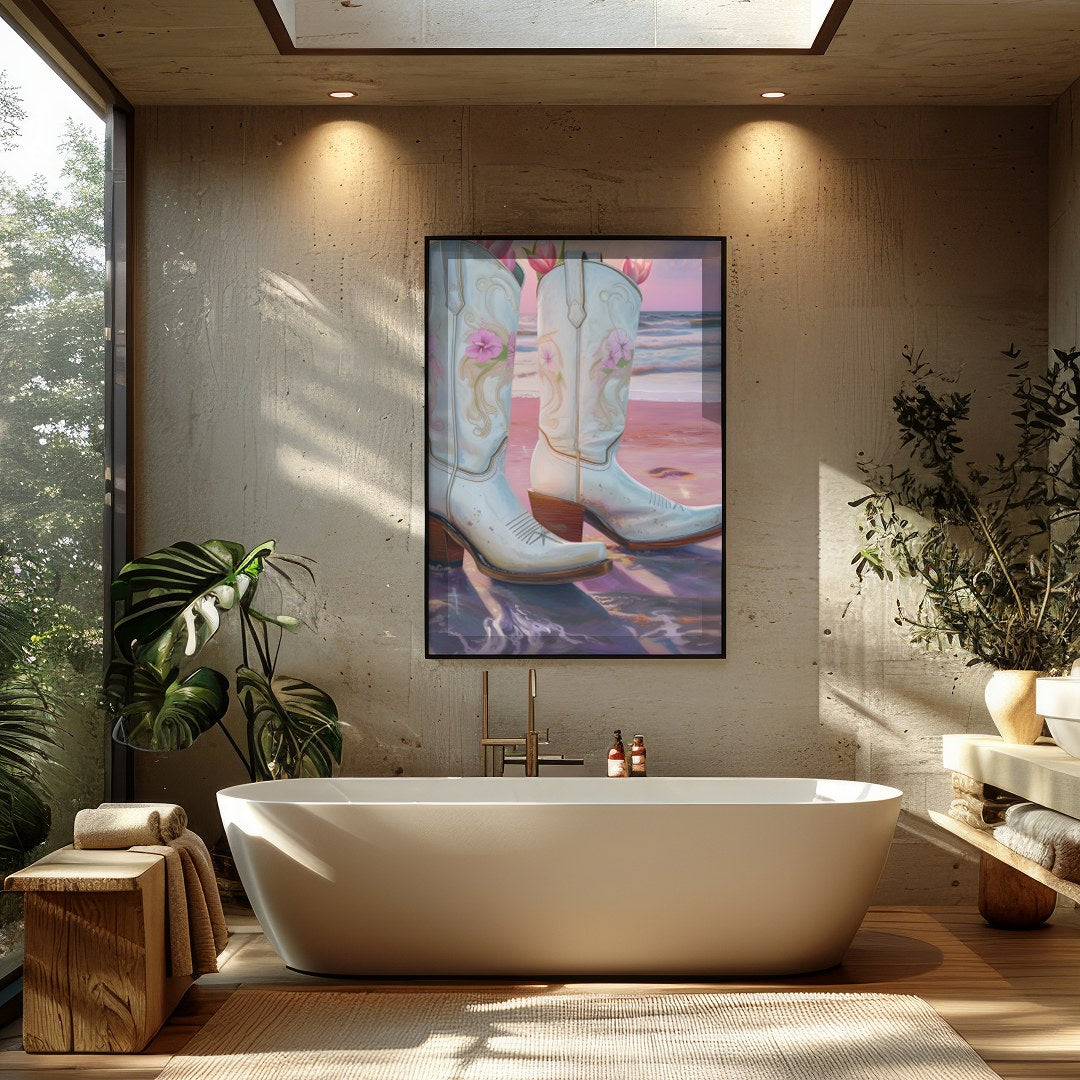 This whimsical artwork captures white cowboy boots filled with delicate pink flowers set against a for Bathroom