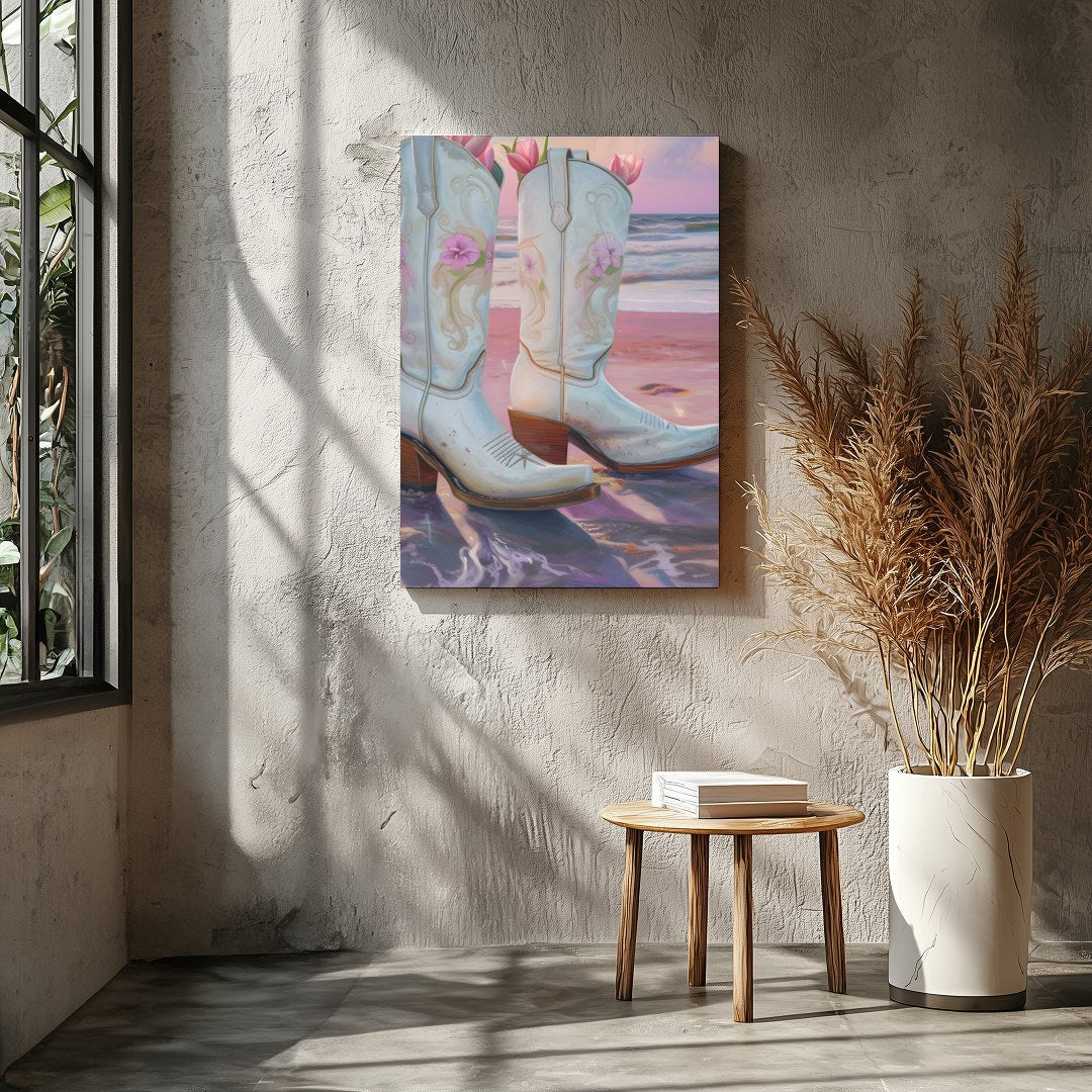 This whimsical artwork captures white cowboy boots filled with delicate pink flowers set against a for Entrance