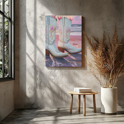 This whimsical artwork captures white cowboy boots filled with delicate pink flowers set against a for Entrance