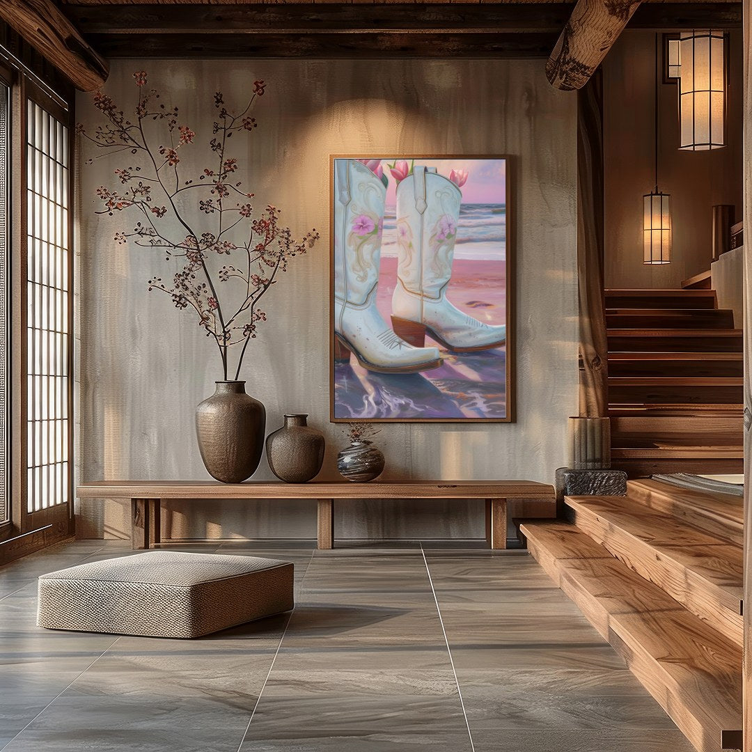 This whimsical artwork captures white cowboy boots filled with delicate pink flowers set against a for Hall