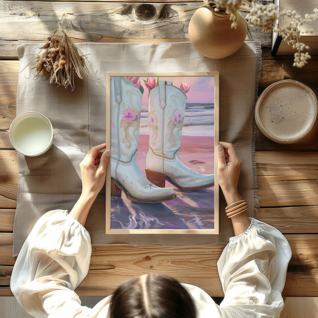 This whimsical artwork captures white cowboy boots filled with delicate pink flowers set against a for Kitchen