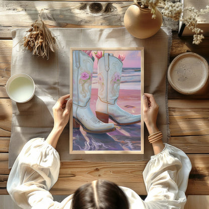 This whimsical artwork captures white cowboy boots filled with delicate pink flowers set against a for Kitchen