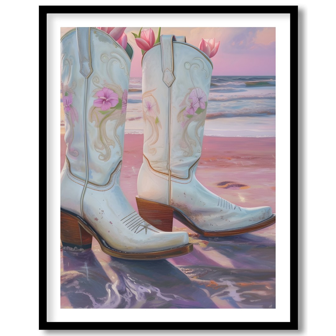 This whimsical artwork captures white cowboy boots filled with delicate pink flowers set against a for loft