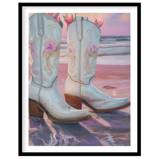 This whimsical artwork captures white cowboy boots filled with delicate pink flowers set against a for loft