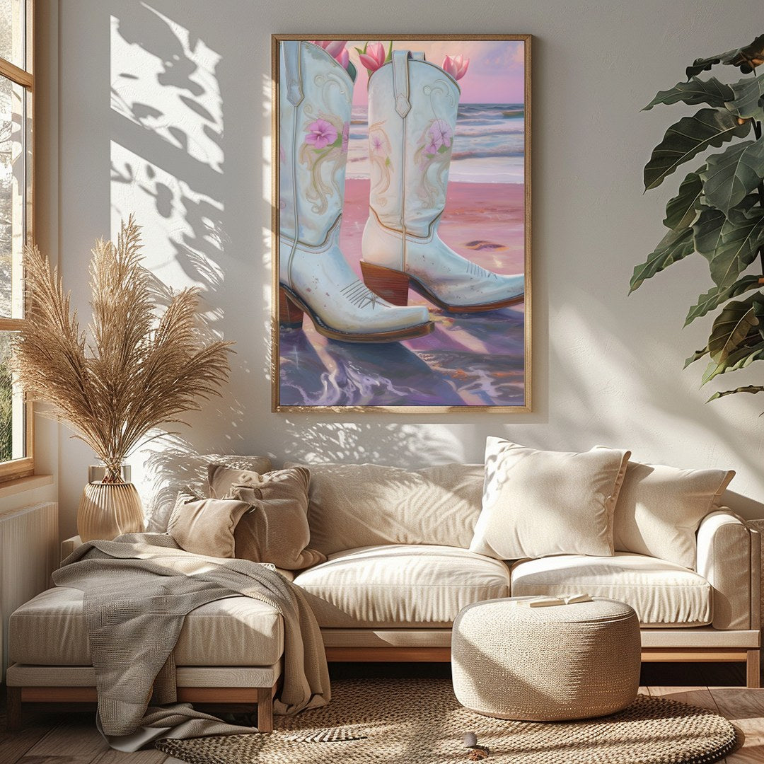 This whimsical artwork captures white cowboy boots filled with delicate pink flowers set against a for Sitting Area