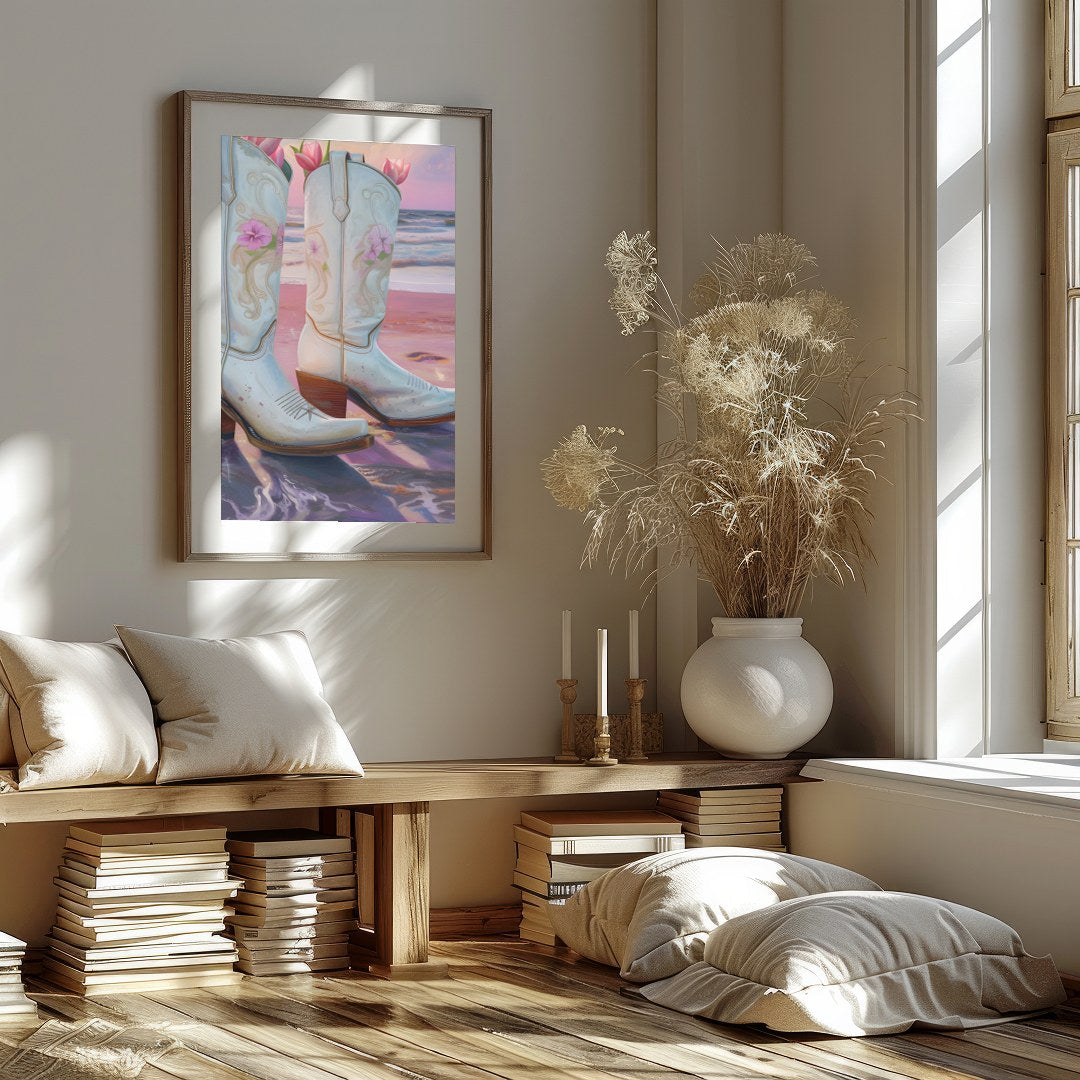 This whimsical artwork captures white cowboy boots filled with delicate pink flowers set against a for space