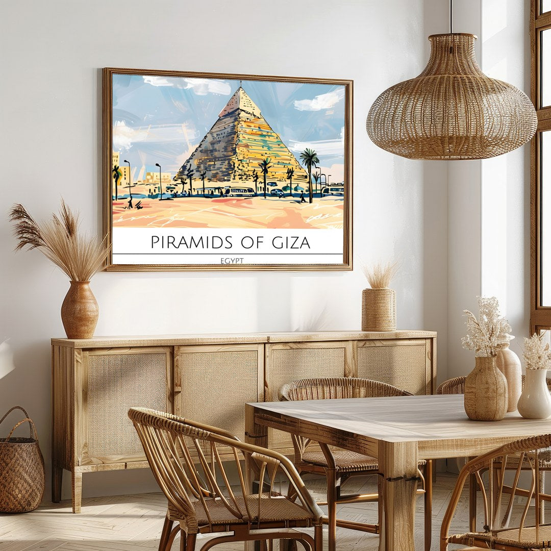 This stunning artwork captures the majestic Pyramids of Giza bathed in a warm sunset palette. With for Dining