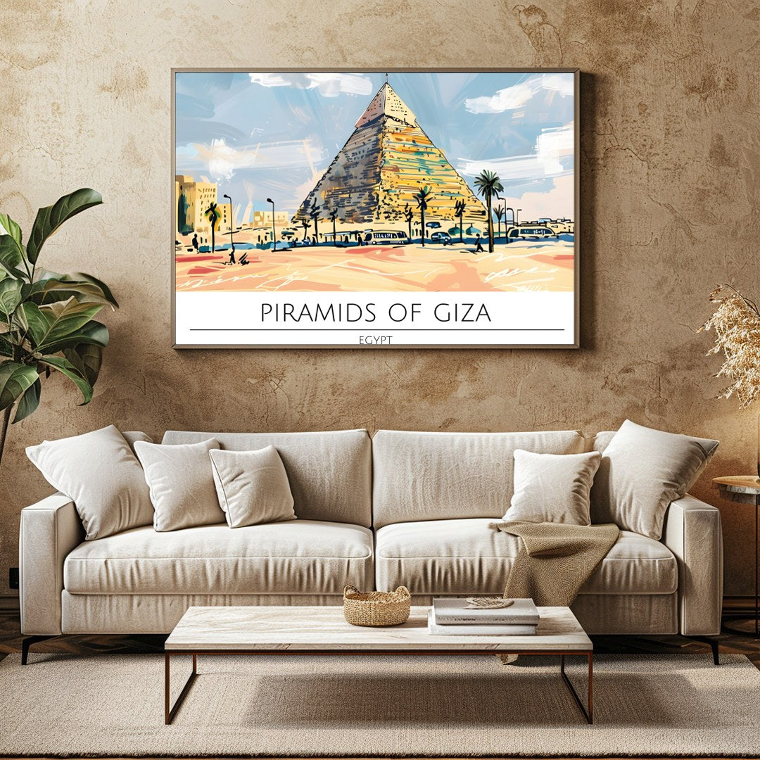 This stunning artwork captures the majestic Pyramids of Giza bathed in a warm sunset palette. With for Family Room