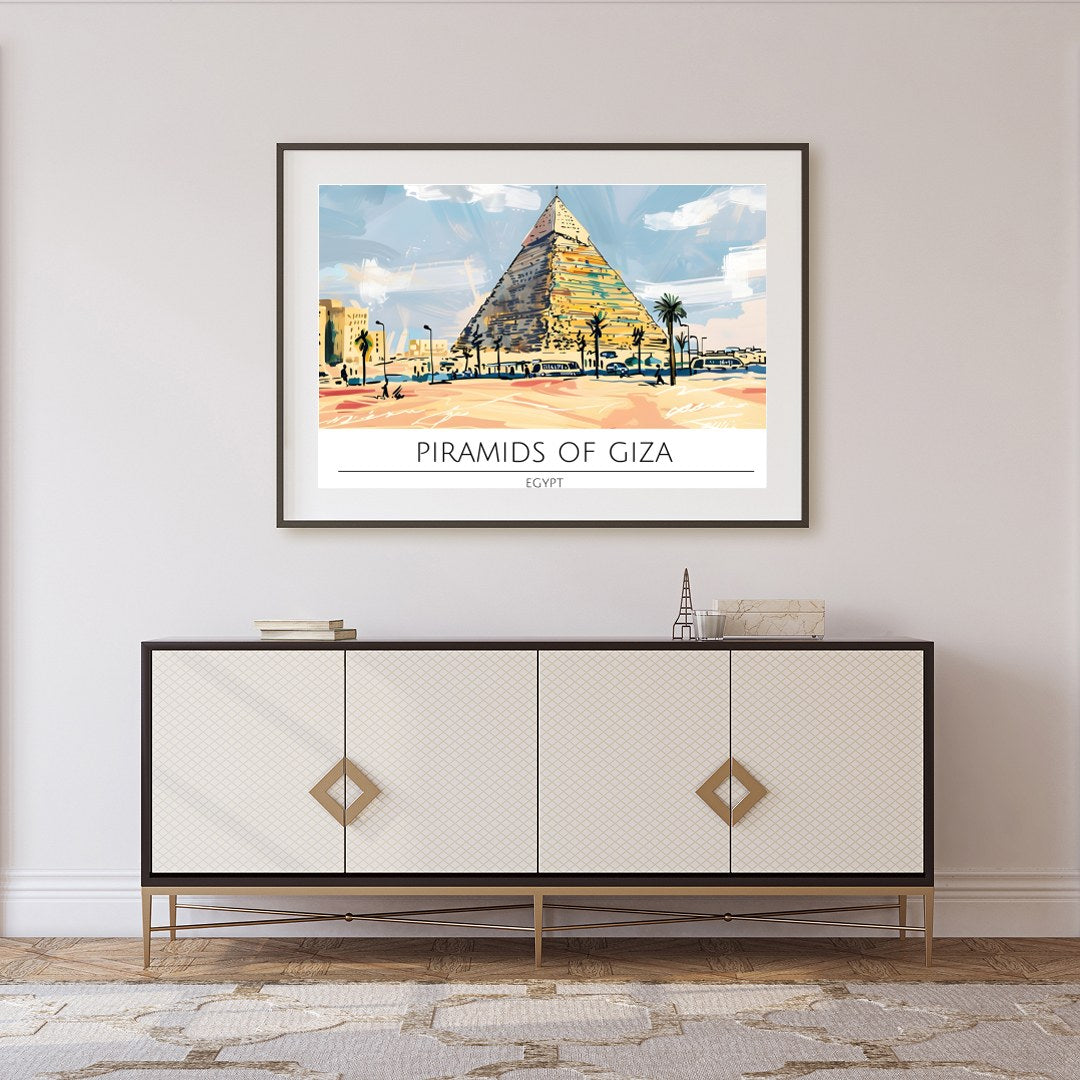 This stunning artwork captures the majestic Pyramids of Giza bathed in a warm sunset palette. With for Foyer