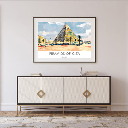 This stunning artwork captures the majestic Pyramids of Giza bathed in a warm sunset palette. With for Foyer
