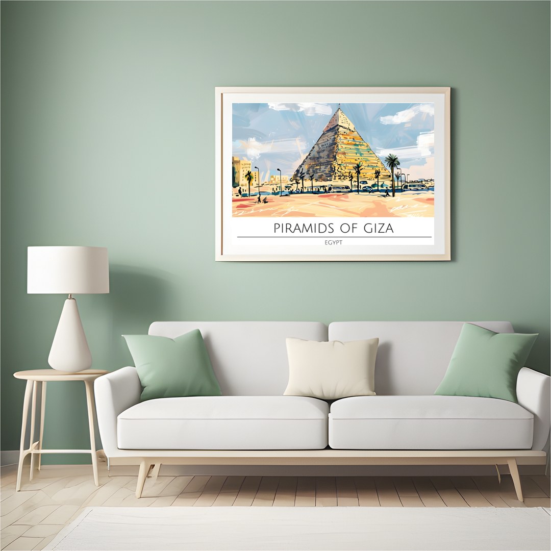 This stunning artwork captures the majestic Pyramids of Giza bathed in a warm sunset palette. With for Hall