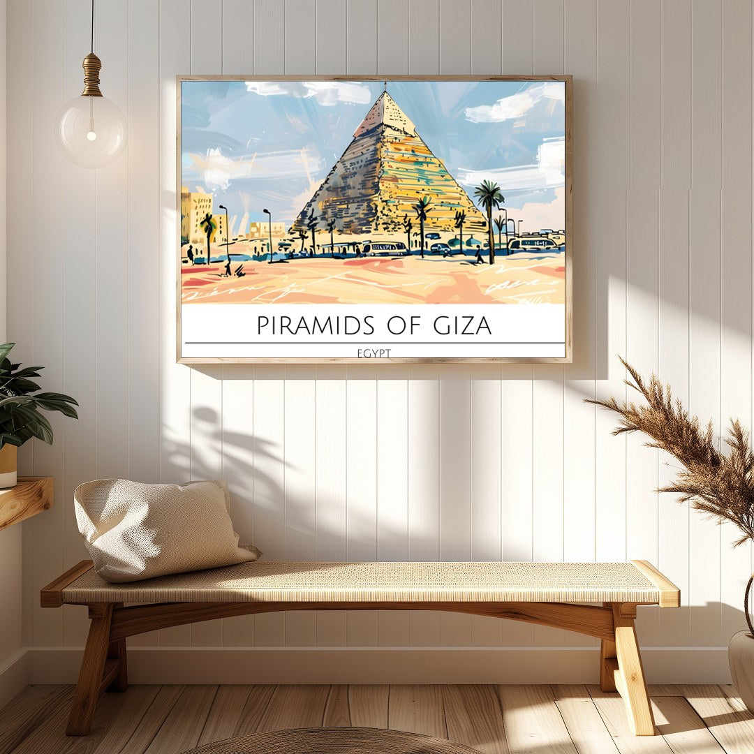 This stunning artwork captures the majestic Pyramids of Giza bathed in a warm sunset palette. With for Hallway