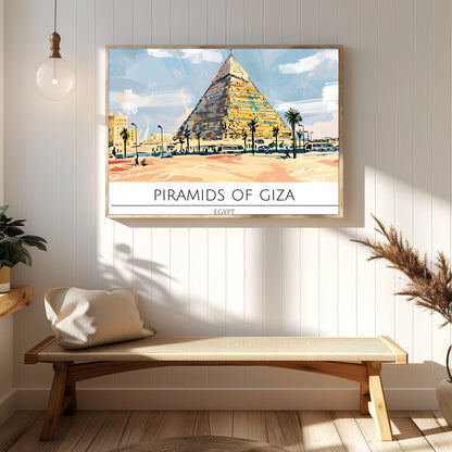 This stunning artwork captures the majestic Pyramids of Giza bathed in a warm sunset palette. With for Hallway