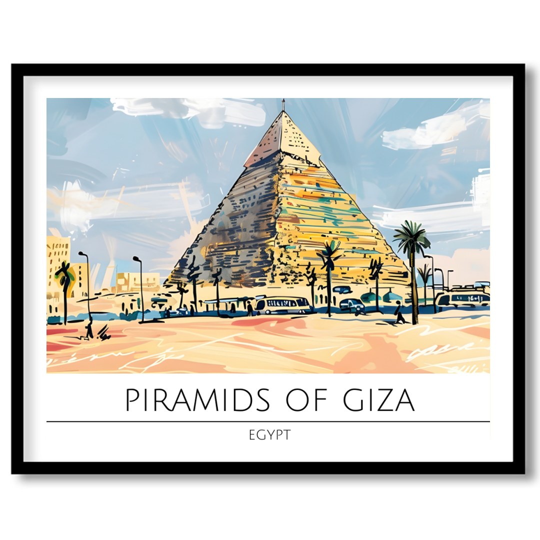 This stunning artwork captures the majestic Pyramids of Giza bathed in a warm sunset palette. With for kitchen