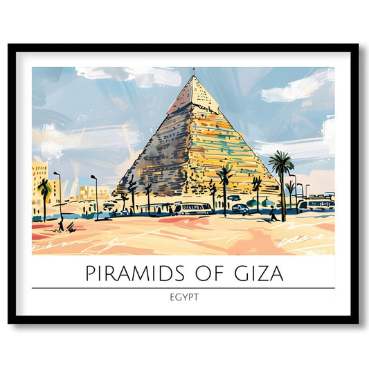 This stunning artwork captures the majestic Pyramids of Giza bathed in a warm sunset palette. With for kitchen