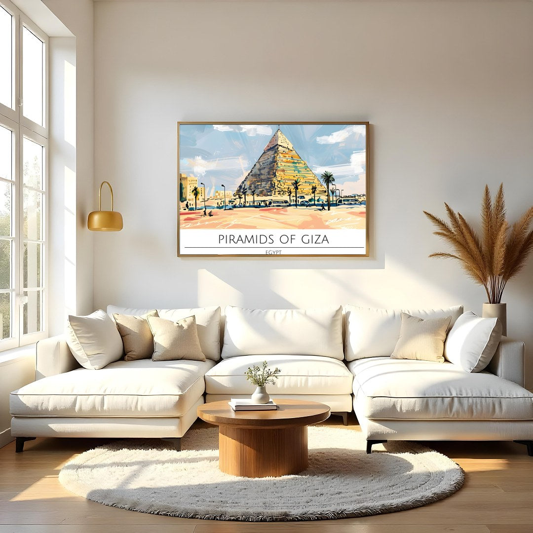 This stunning artwork captures the majestic Pyramids of Giza bathed in a warm sunset palette. With for Living Room