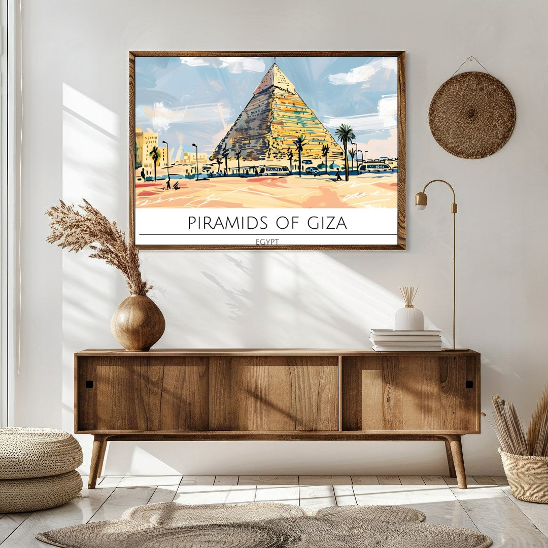 This stunning artwork captures the majestic Pyramids of Giza bathed in a warm sunset palette. With for Sitting Area