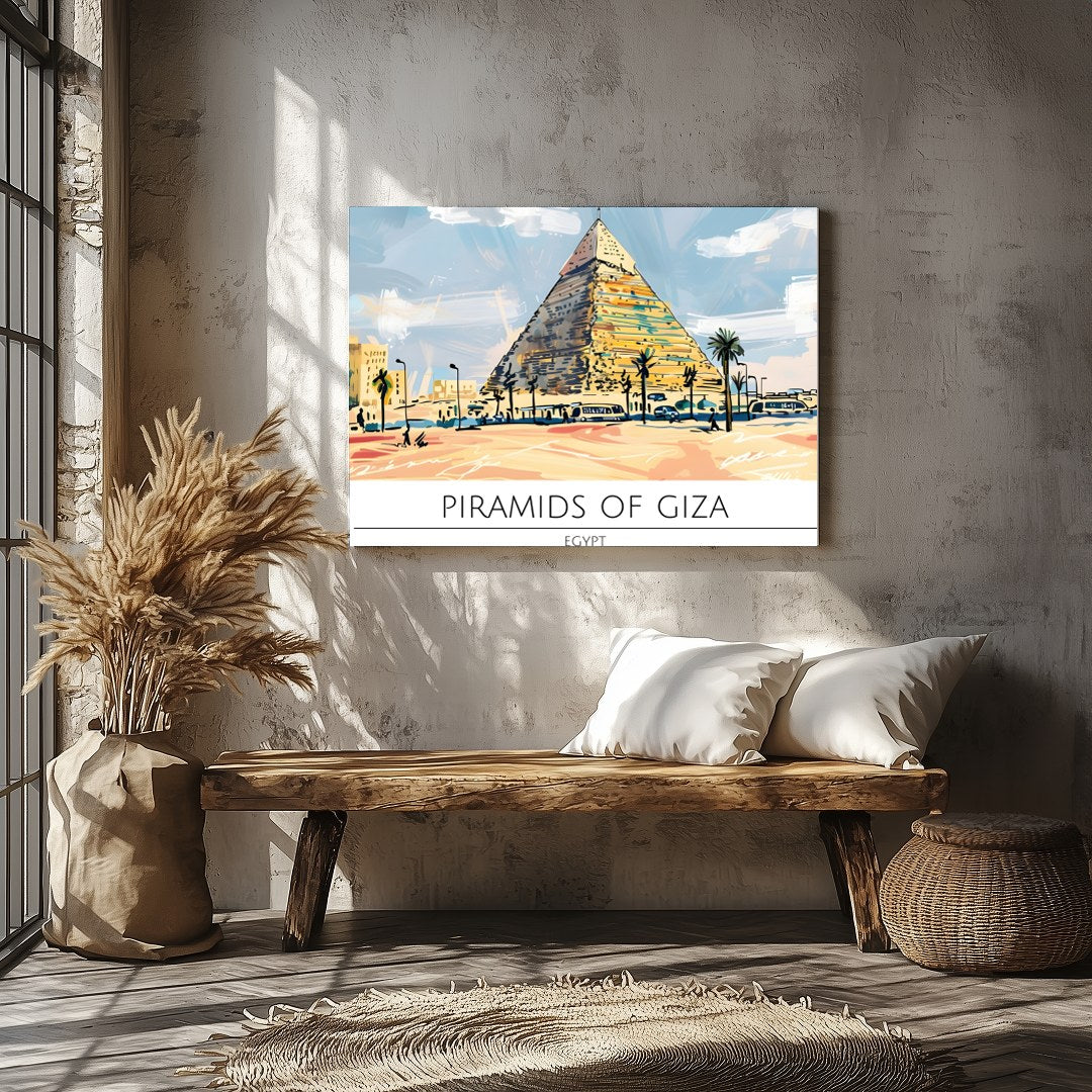 This stunning artwork captures the majestic Pyramids of Giza bathed in a warm sunset palette. With for Veranda