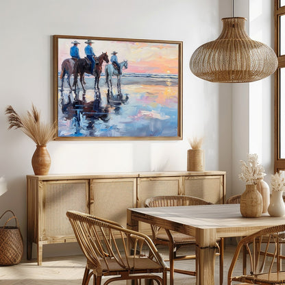 Capture the serene beauty of the coast with this impressionistic artwork featuring three horseback for Dining