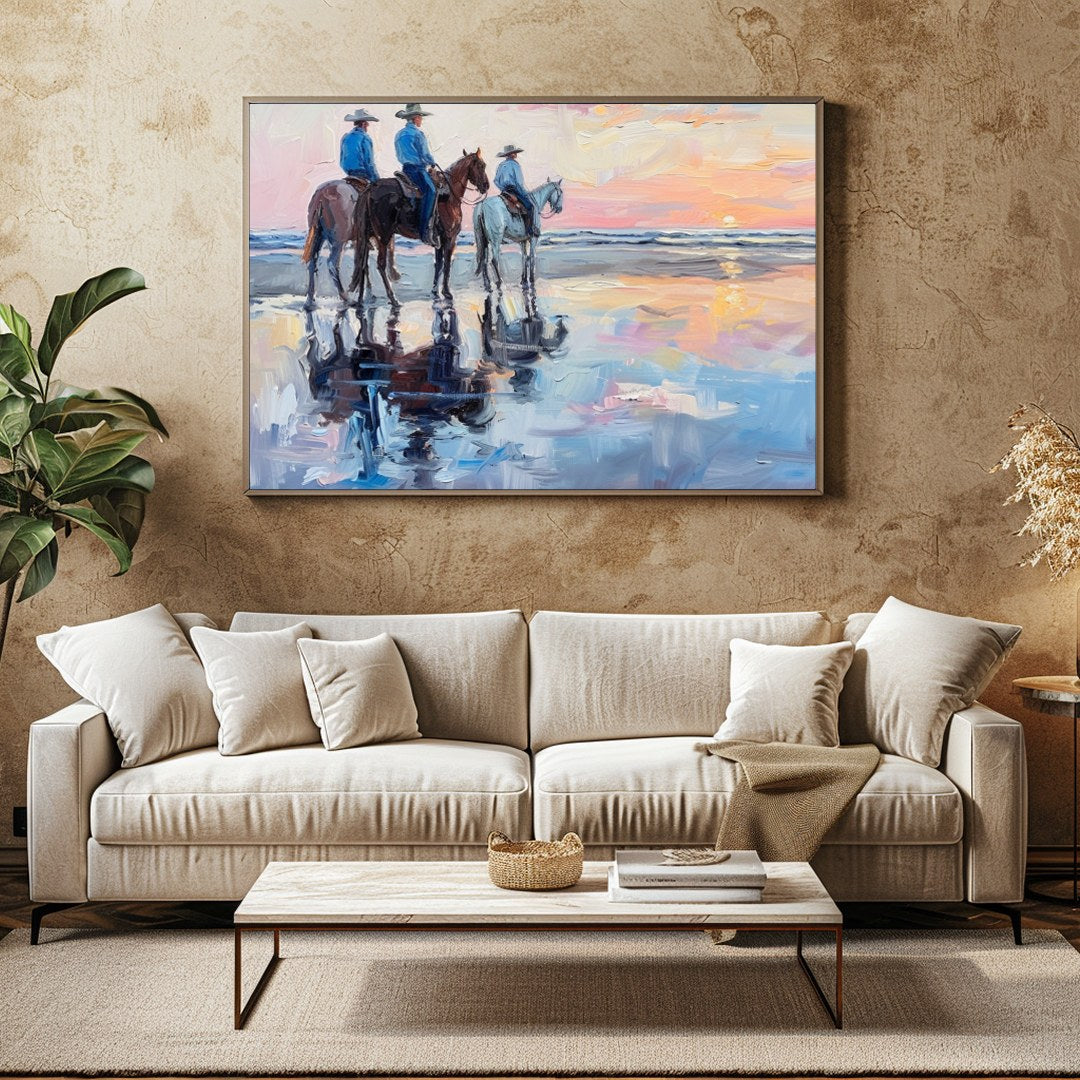Capture the serene beauty of the coast with this impressionistic artwork featuring three horseback for Family Room