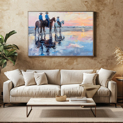 Capture the serene beauty of the coast with this impressionistic artwork featuring three horseback for Family Room
