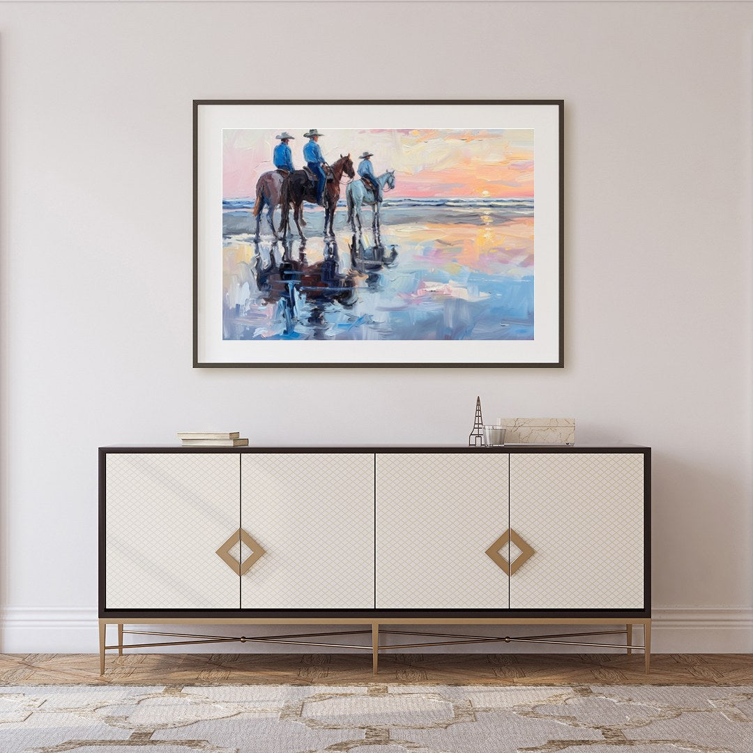 Capture the serene beauty of the coast with this impressionistic artwork featuring three horseback for Foyer