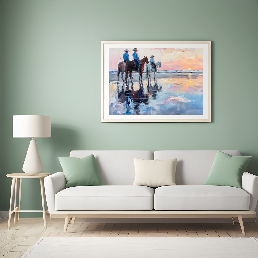 Capture the serene beauty of the coast with this impressionistic artwork featuring three horseback for Hall