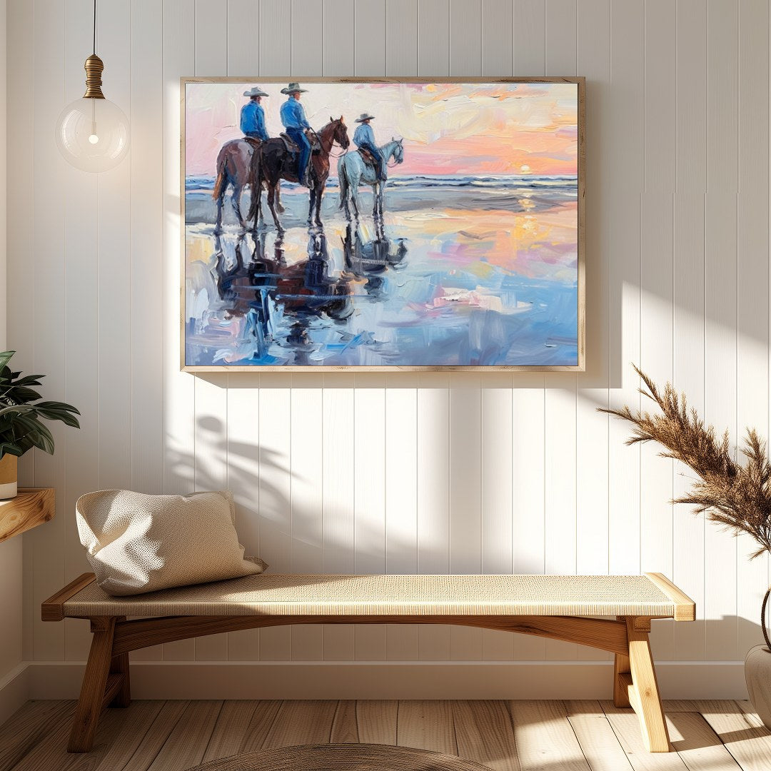 Capture the serene beauty of the coast with this impressionistic artwork featuring three horseback for Hallway