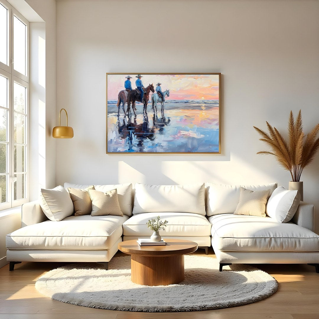 Capture the serene beauty of the coast with this impressionistic artwork featuring three horseback for Living Room