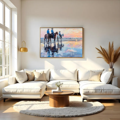 Capture the serene beauty of the coast with this impressionistic artwork featuring three horseback for Living Room