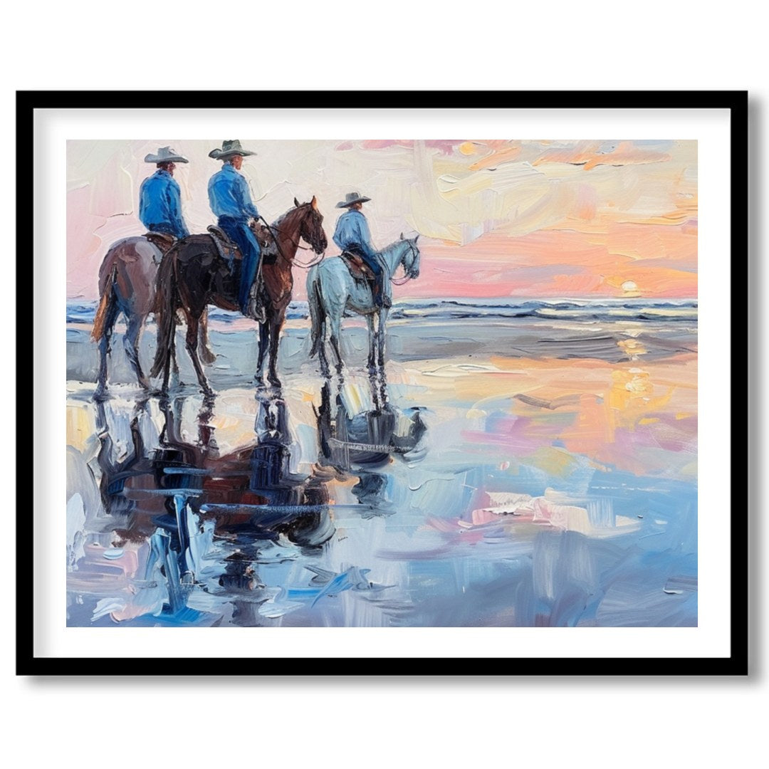 Capture the serene beauty of the coast with this impressionistic artwork featuring three horseback for room