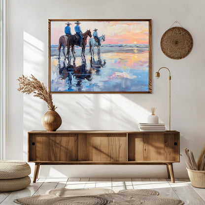 Capture the serene beauty of the coast with this impressionistic artwork featuring three horseback for Sitting Area