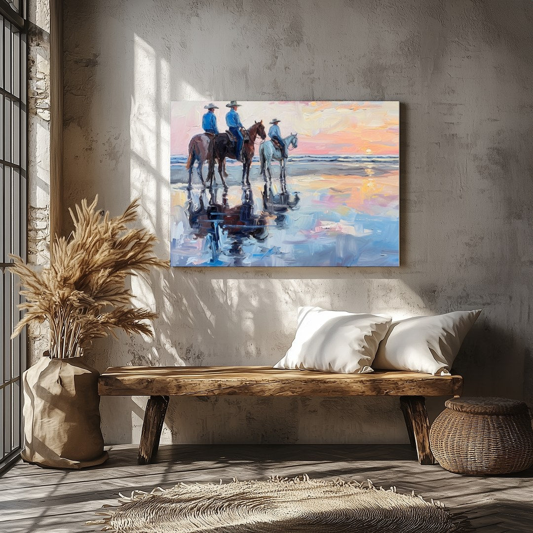 Capture the serene beauty of the coast with this impressionistic artwork featuring three horseback for Veranda
