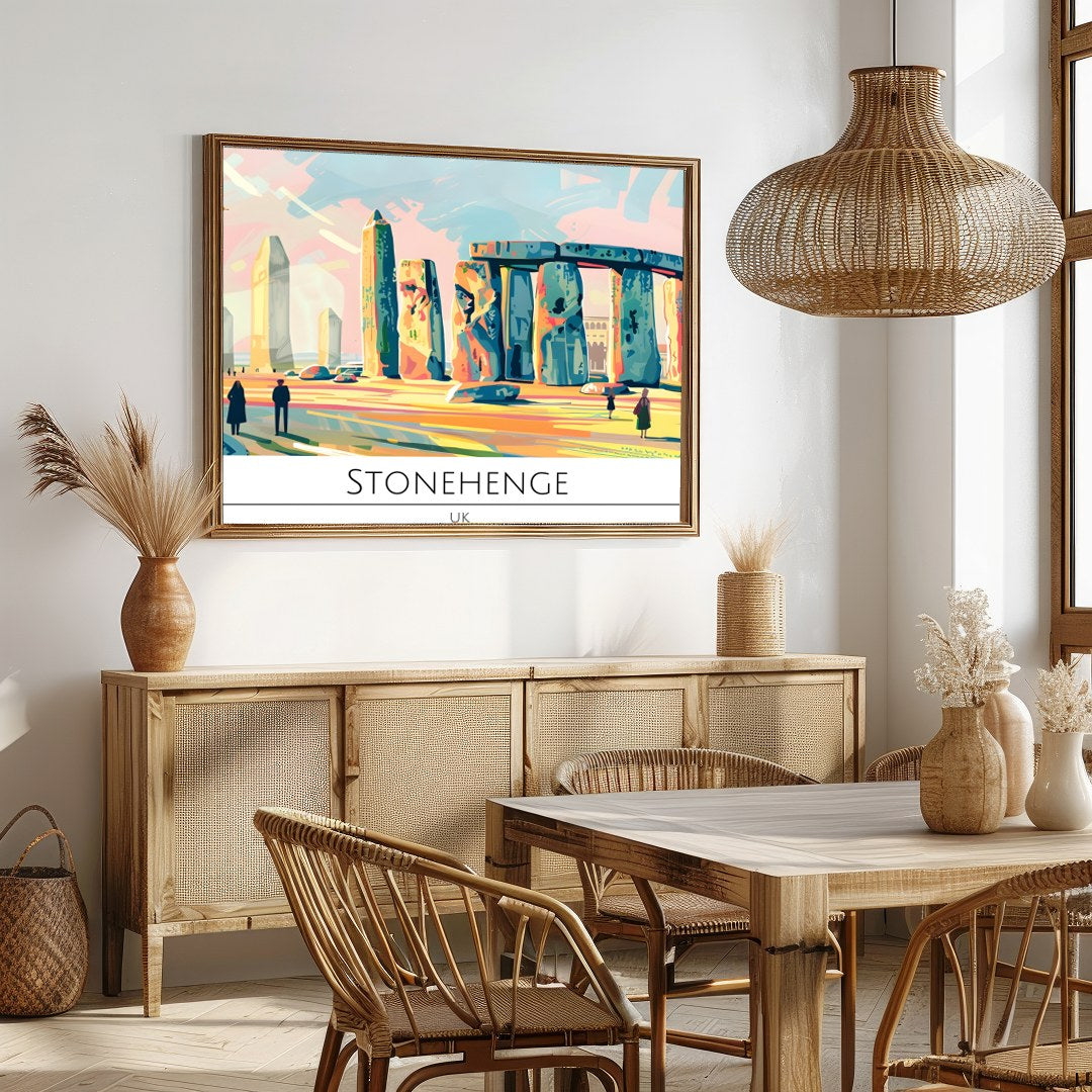 Experience the enchanting allure of Stonehenge captured in vibrant hues with this stunning piece of for Dining